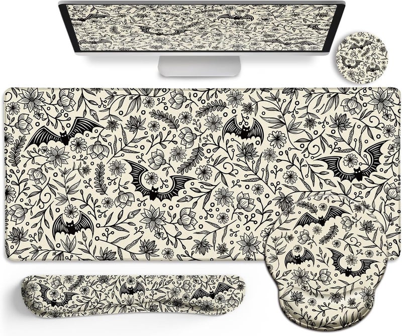 LIMKRIAN Goth Bat Mouse Pad Set Large Desk Mat for Desktop, Ergonomic Mouse Pad with Wrist Rest for Gaming, Keyboard Mat Wrist Support Cup Coaster Set, Gothic Office Desk Accessories Decor Supplies - Image 1